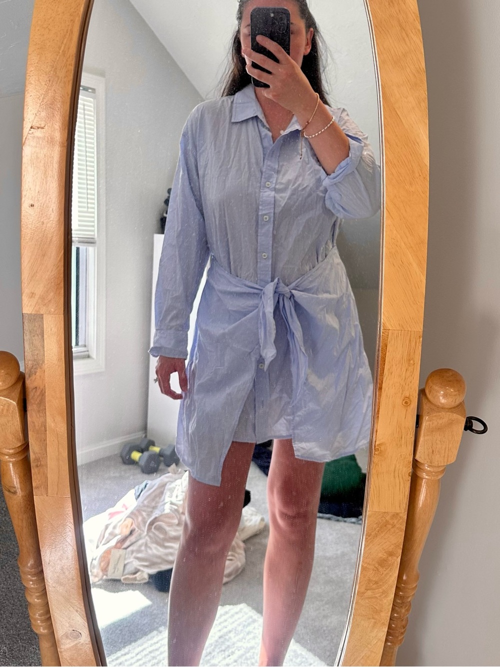 Light Blue Tie-Waist Shirt Dress for Women